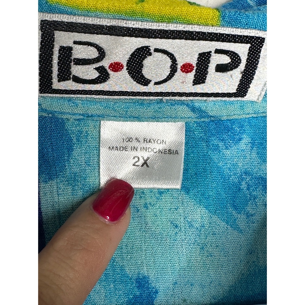 BOP Button Shirt 2X Blue Multi Caribbean Novelty Print Art to Wear Rayon Top - Picture 6 of 8